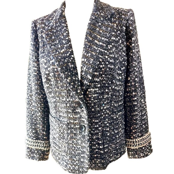 Joan Rivers Gray Black Tweed Blazer Sequin Pearl Detail Trim on sleeve Size 12 - Picture 1 of 9